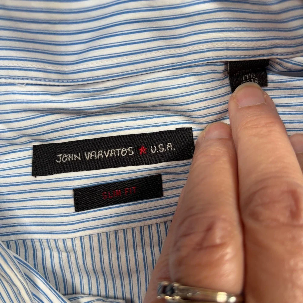 John‎ Varvatos USA Button Down Mens 17.5 34/35 Blue Striped Good Slim Fit Cotton